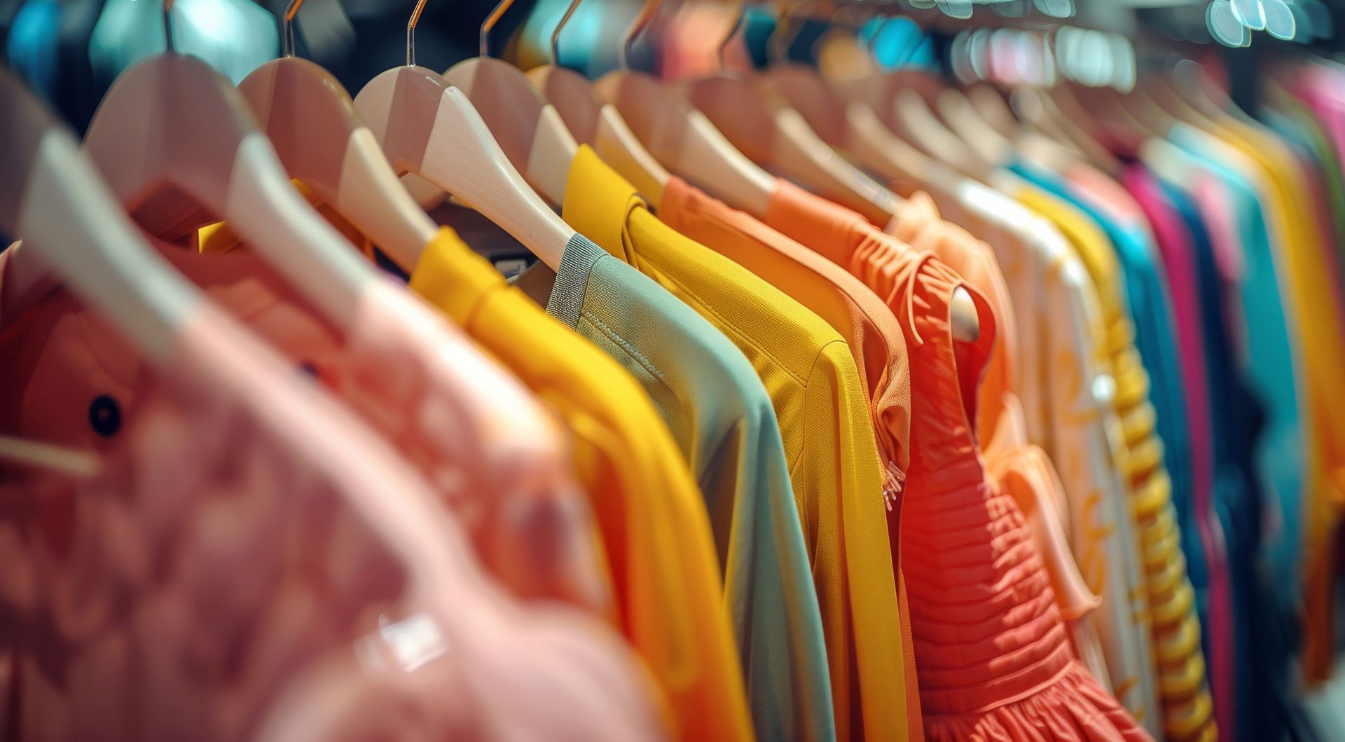 Des vêtements colorés suspendus à des cintres dans un portant de magasin.