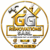 Logo de GG R&eacute;novations SARL avec maison, outils, slogan et num&eacute;ro de t&eacute;l&eacute;phone sur fond dor&eacute;
