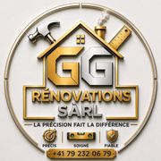 Logo de r&eacute;novation or et noir avec maison, marteau, r&egrave;gle, &laquo; GG R&Eacute;NOVATIONS SARL &raquo; et num&eacute;ro de t&eacute;l&eacute;phone.