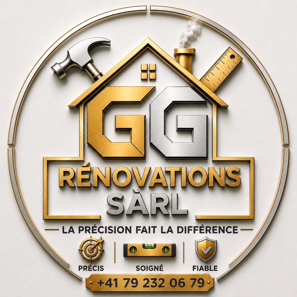 Logo de r&eacute;novation or et noir avec maison, marteau, r&egrave;gle, &laquo; GG R&Eacute;NOVATIONS SARL &raquo; et num&eacute;ro de t&eacute;l&eacute;phone.