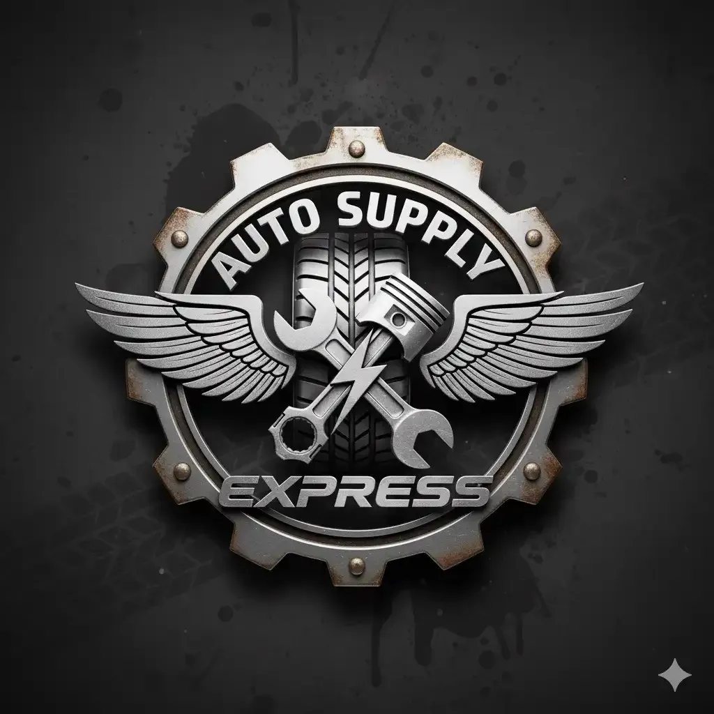 Logotipo de Auto Supply Express con engranaje, alas, herramientas, neumático y pistón sobre un fondo oscuro.