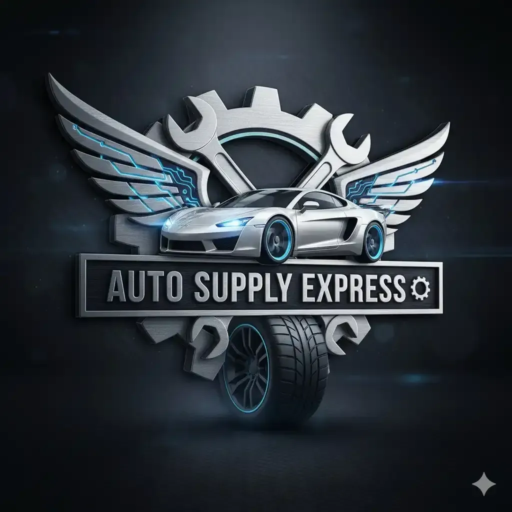 Logotipo: Auto deportivo plateado, alas, engranaje, llave inglesa y neumático. Texto 