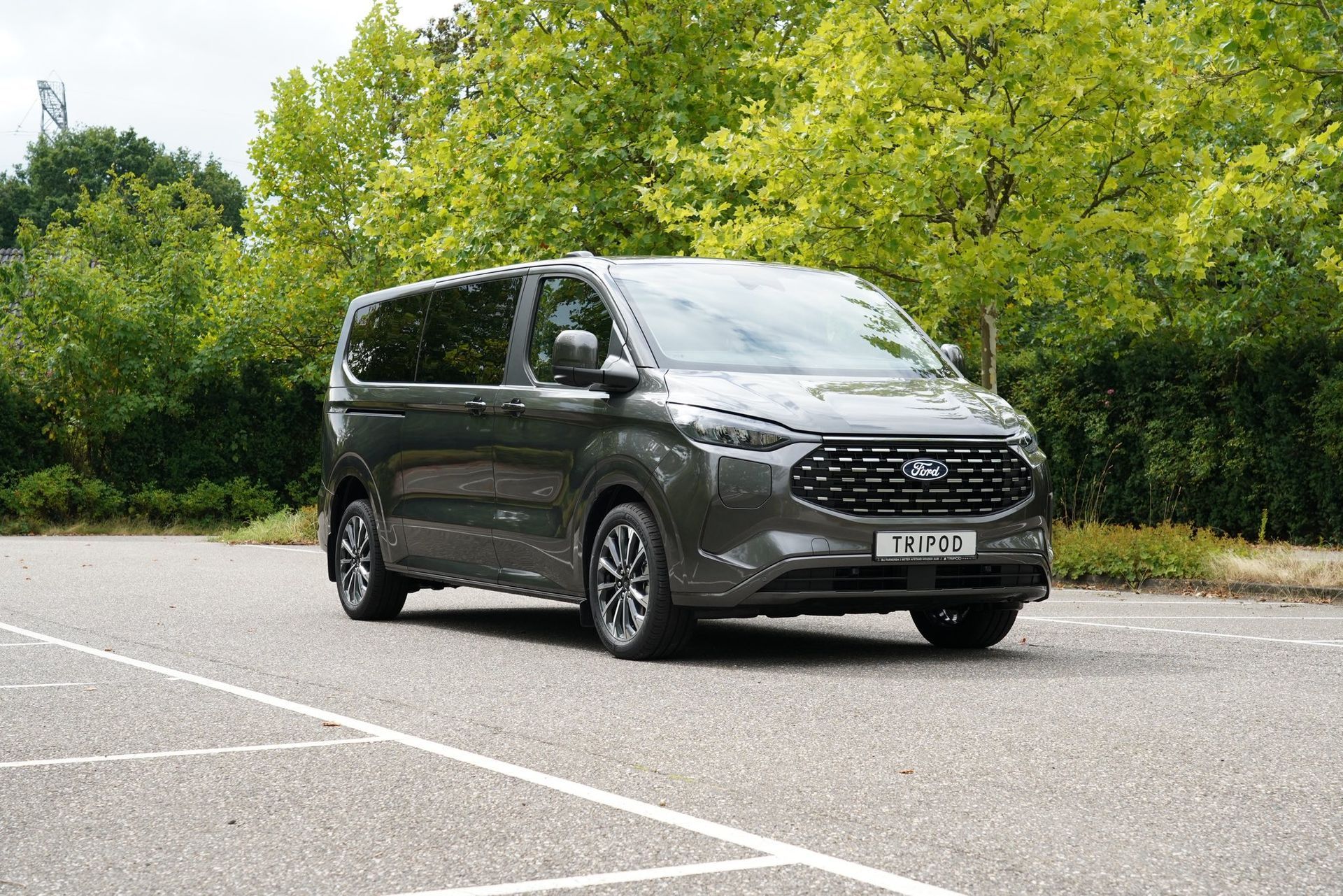 Ford Tourneo grise garée sur une surface pavée, arbres en arrière-plan.