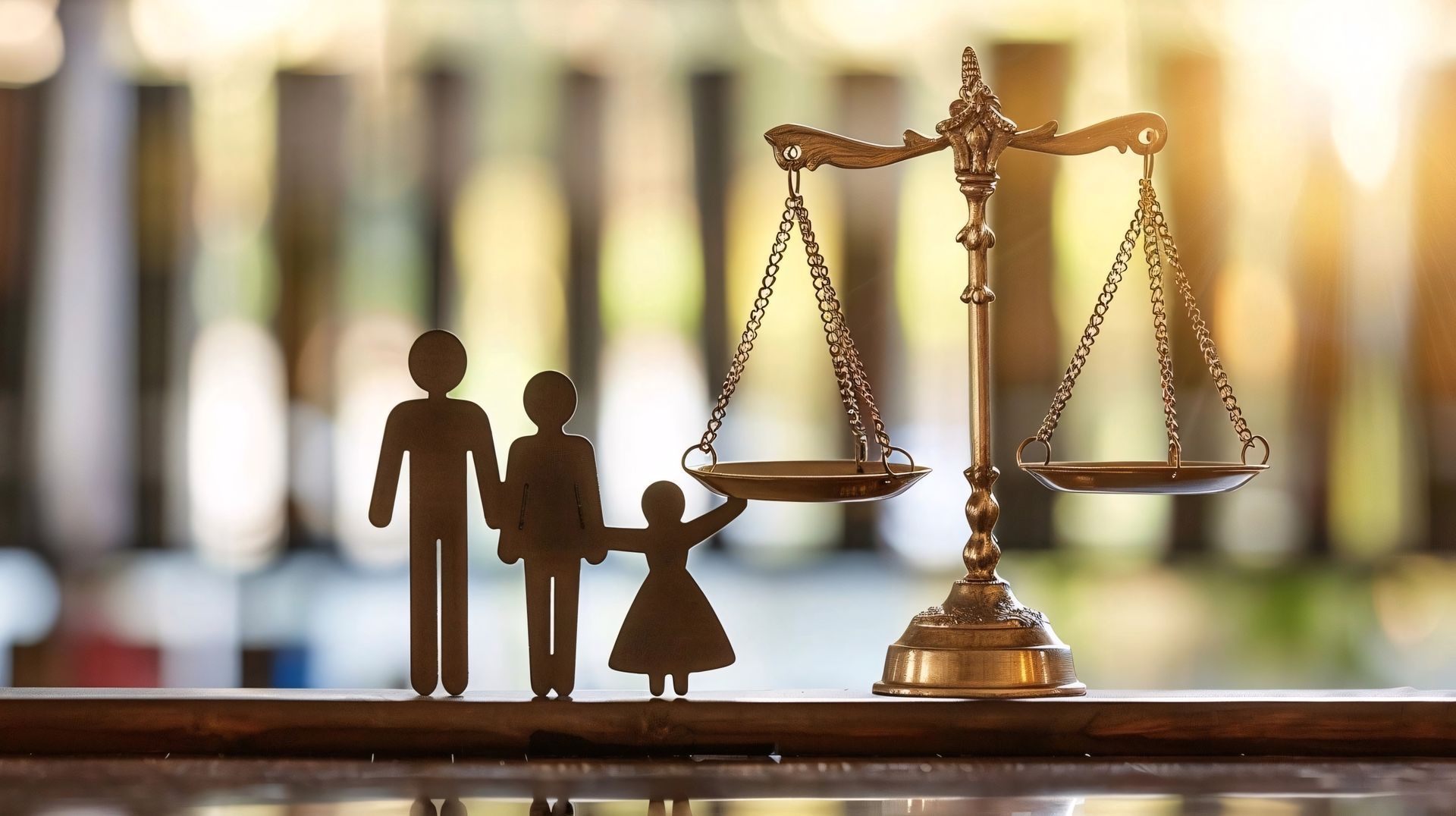 Une maquette de famille à côté d'une balance.