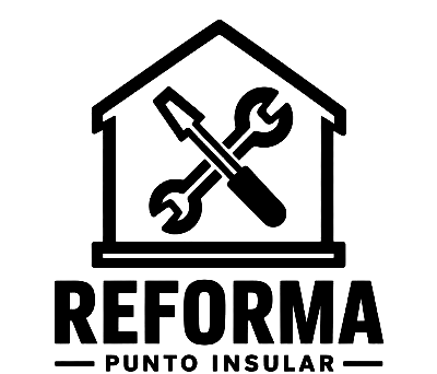Logotipo de una casa con una llave inglesa y un destornillador, con el texto &laquo;REFORMA PUNTO INSULAR&raquo; en negro.