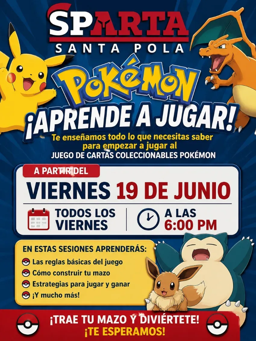 Cartel azul y rojo de Pokémon en Santa Pola: aprende a jugar, viernes 19 de junio a las 6:00 PM.