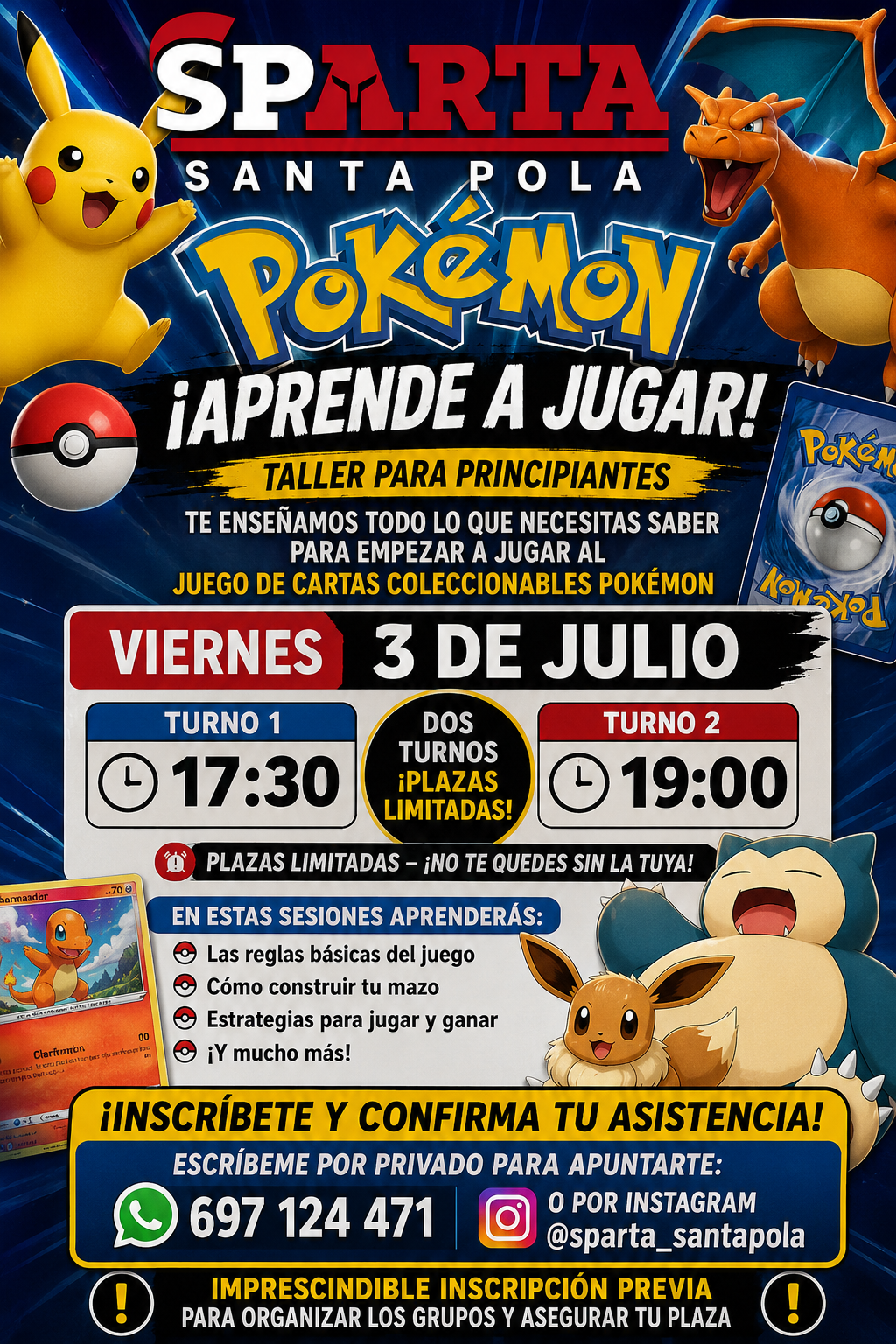 Cartel azul y rojo de Pokémon en Santa Pola: aprende a jugar, viernes 19 de junio a las 6:00 PM.
