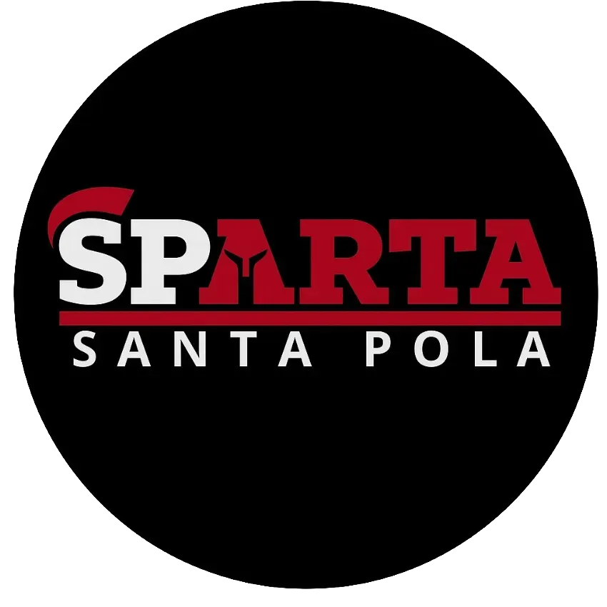 Logotipo de Sparta Santa Pola en rojo y blanco sobre un círculo negro.