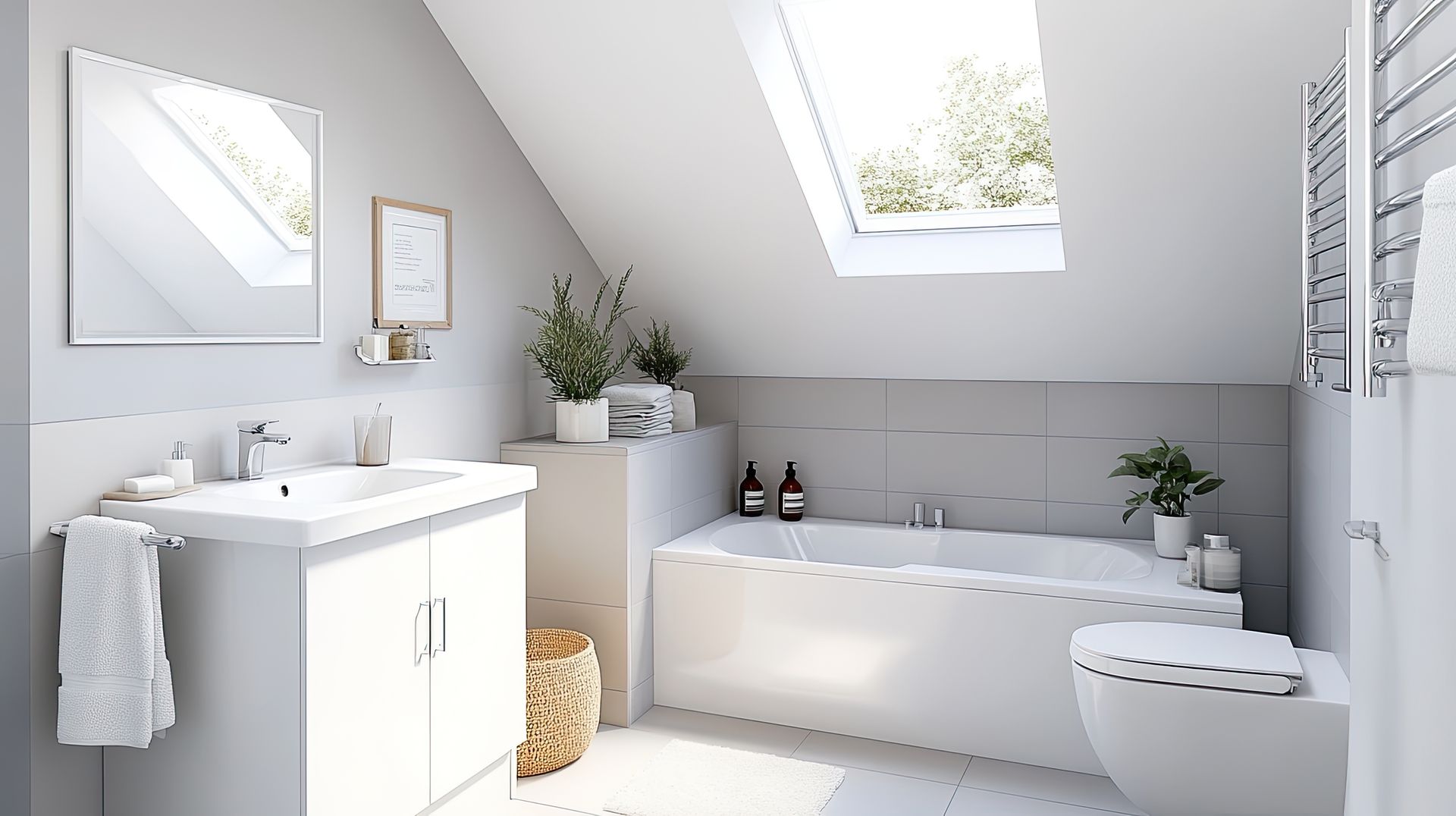Salle de bains avec une baignoire sous une fenêtre de toit