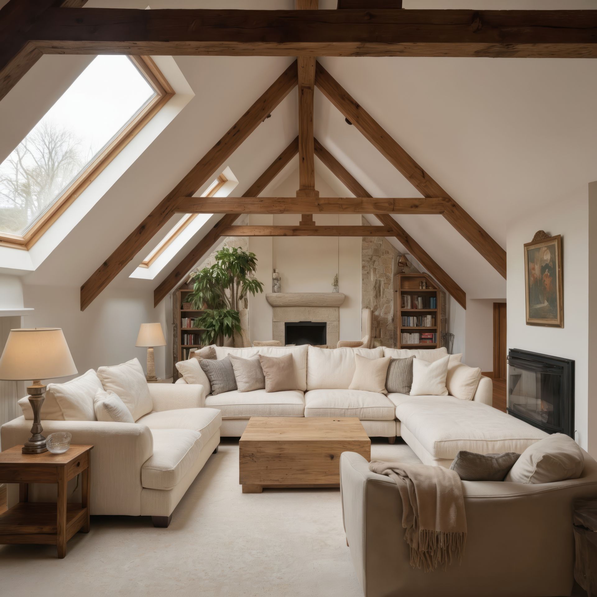 Salon sous les combles avec des fenêtres de toit