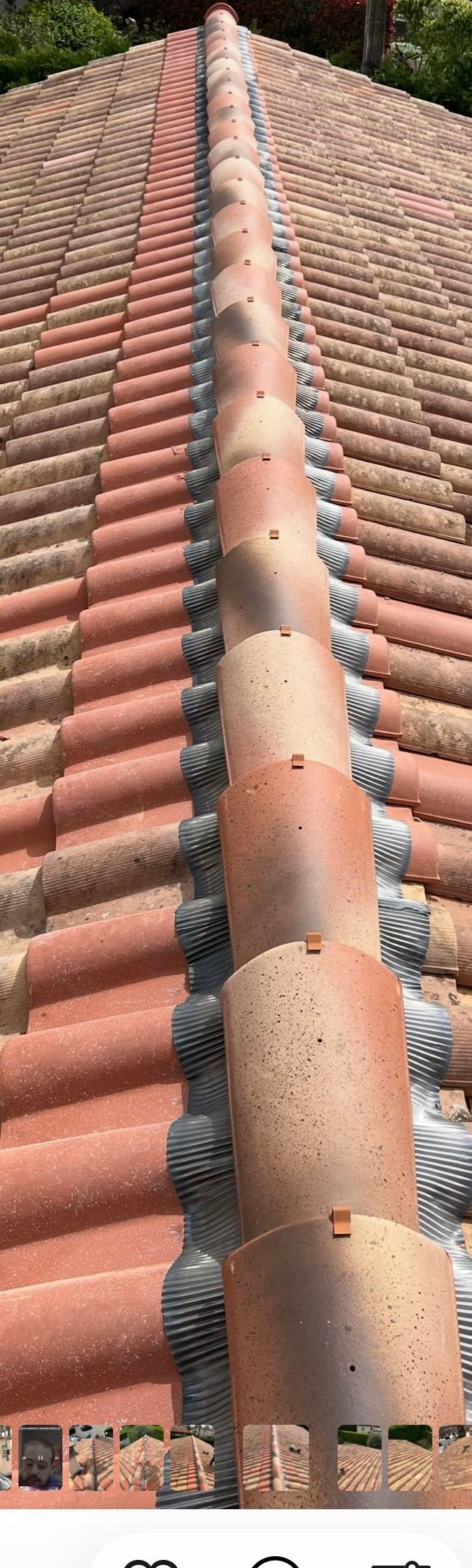 Gros plan sur un toit de tuiles en terre cuite rouge, avec une arête centrale de tuiles incurvées qui se prolonge au loin.