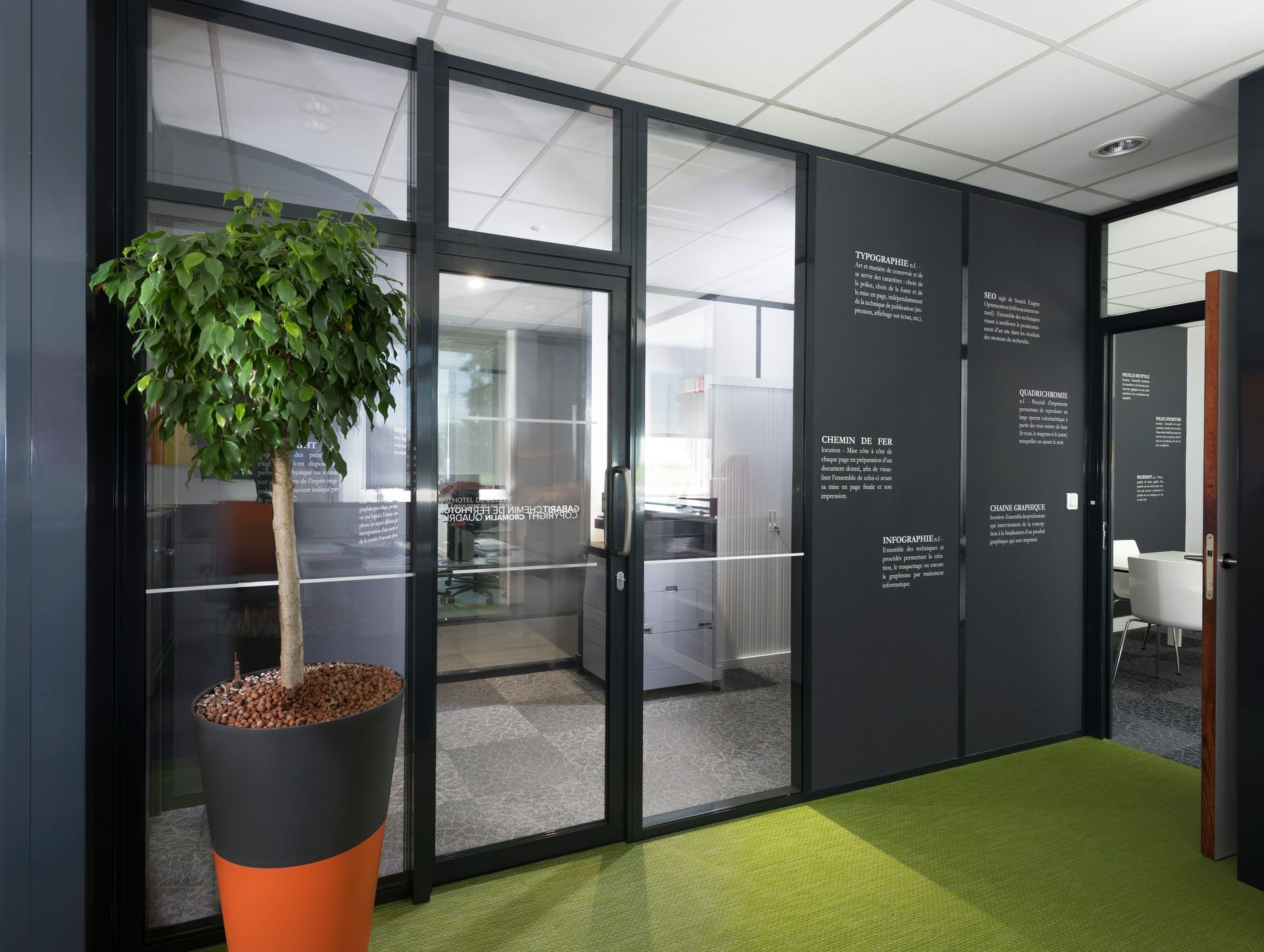 Intérieur de bureau avec panneaux en verre et sombres, tapis vert et un arbre en pot.