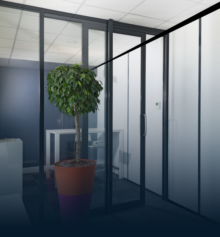 Espace de bureau avec un grand arbre en pot, des murs en verre et un bureau.