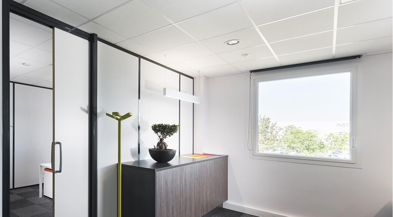 Intérieur de bureau avec des murs en verre, une armoire sombre et une fenêtre avec vue sur la verdure.
