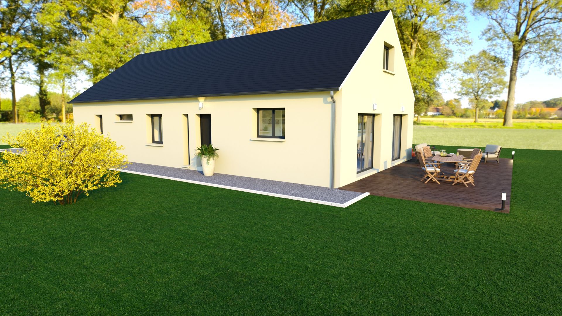 Maison moderne blanche avec toit noir, grande pelouse verte et terrasse en bois avec table et chaises d'extérieur.