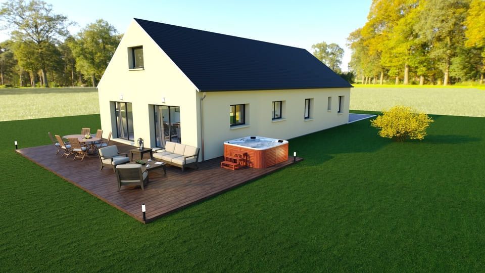 Terrasse arrière attenante à une maison couleur crème, avec sièges extérieurs et jacuzzi sur une pelouse verdoyante.
