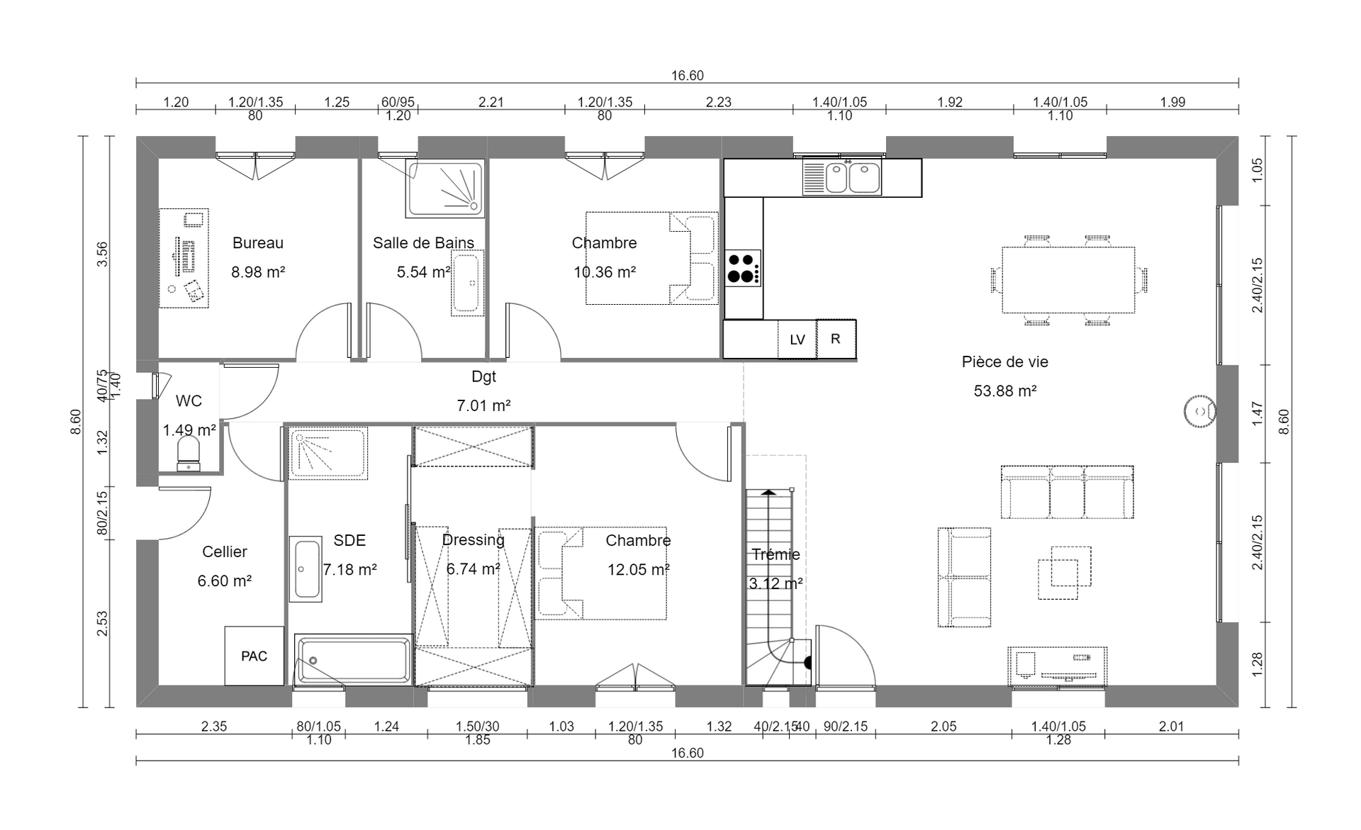 Plan architectural en noir et blanc de l'intérieur d'une maison avec les pièces et l'agencement du mobilier indiqués.