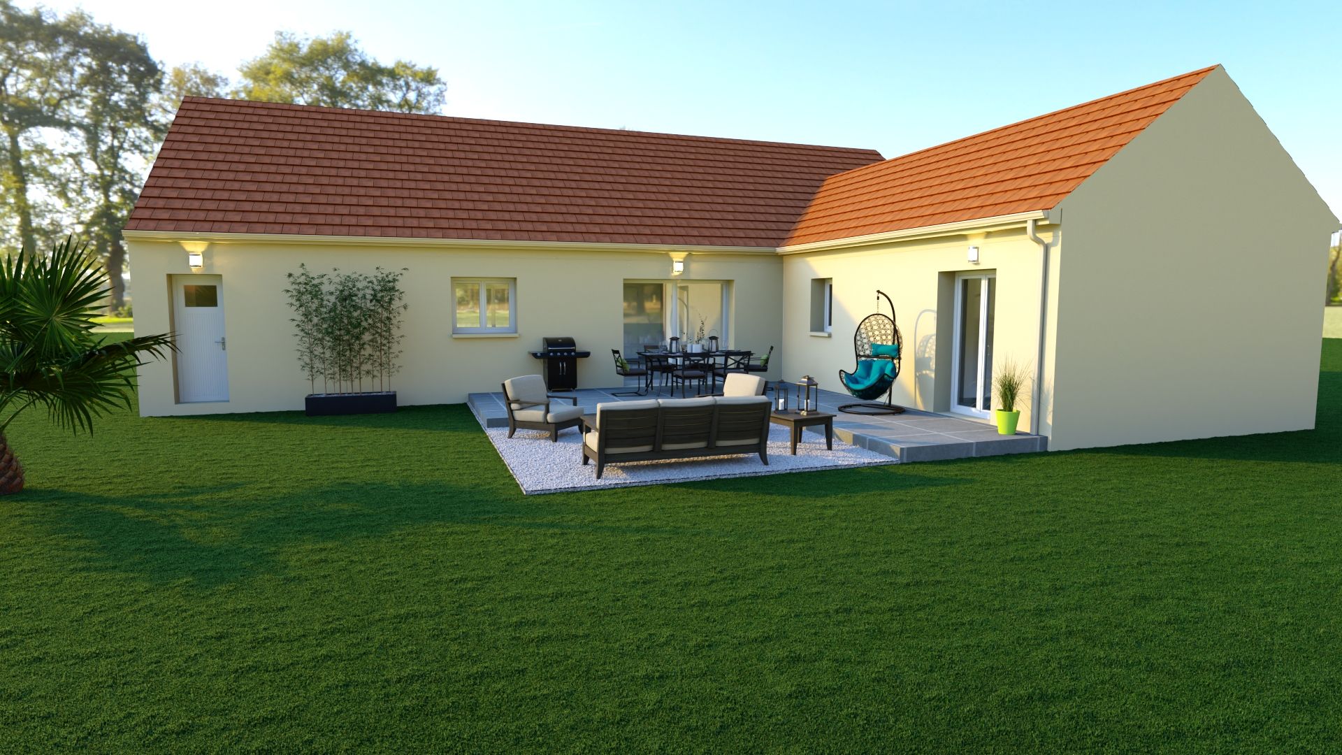Maison moderne de plain-pied avec un toit rouge, du mobilier de patio et une pelouse verte au coucher du soleil
