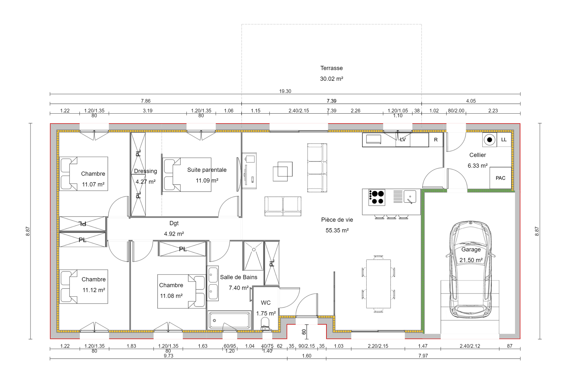 Plan de la maison avec pièces indiquées, garage et dimensions.