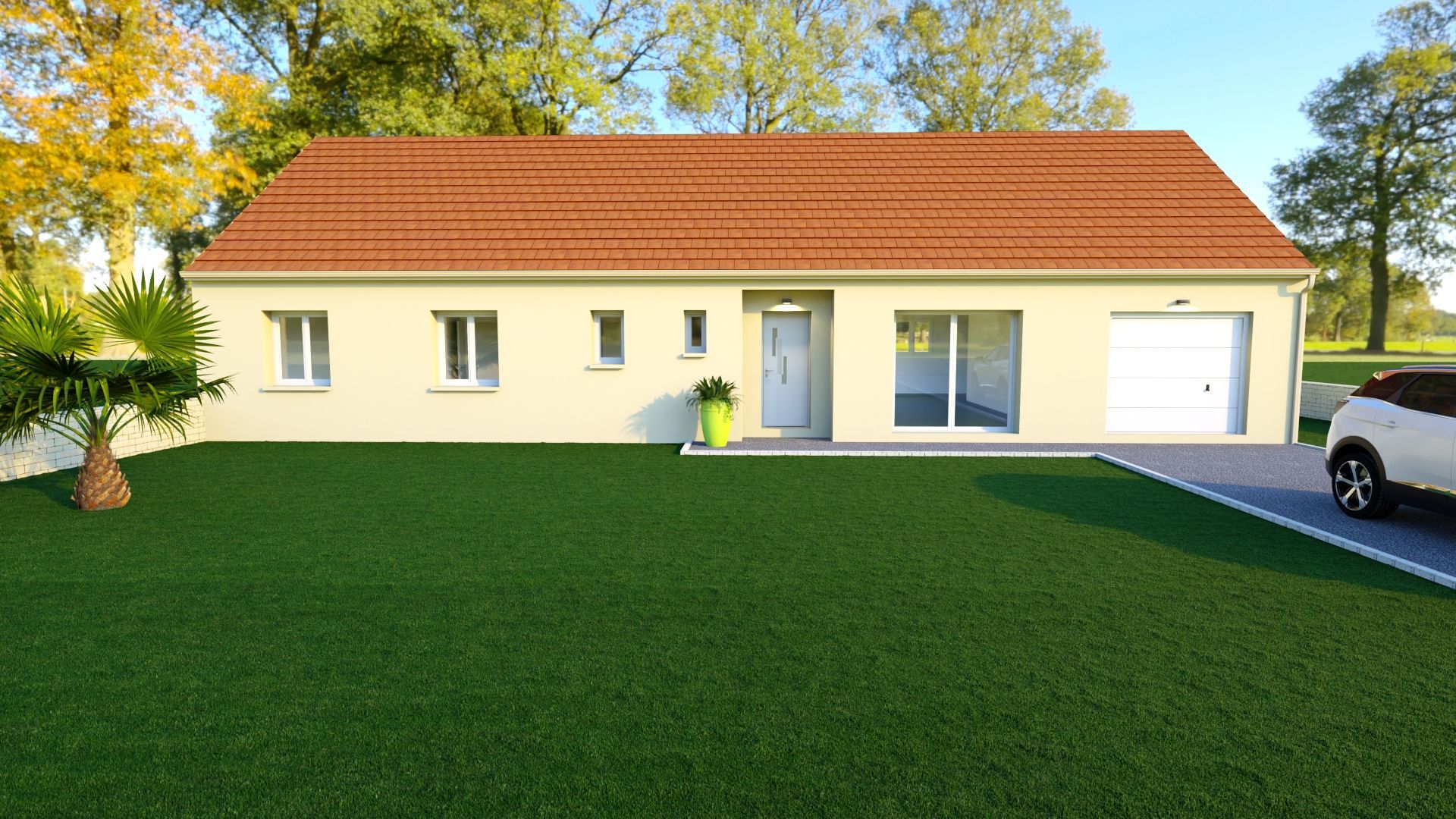Maison de plain-pied couleur crème avec toit rouge, grande pelouse verte et garage attenant sur la droite.