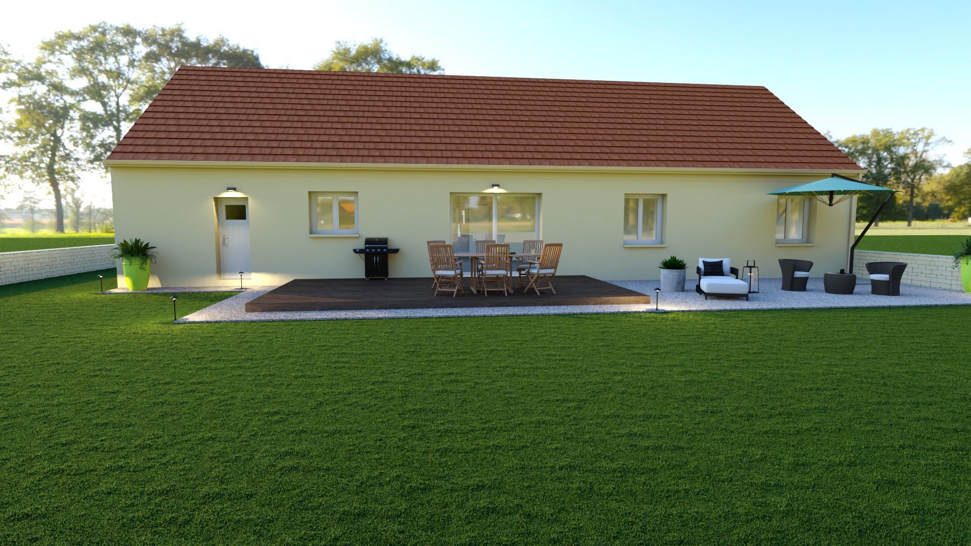 Maison moderne de plain-pied avec toit rouge, mobilier de terrasse, barbecue et grande pelouse verte