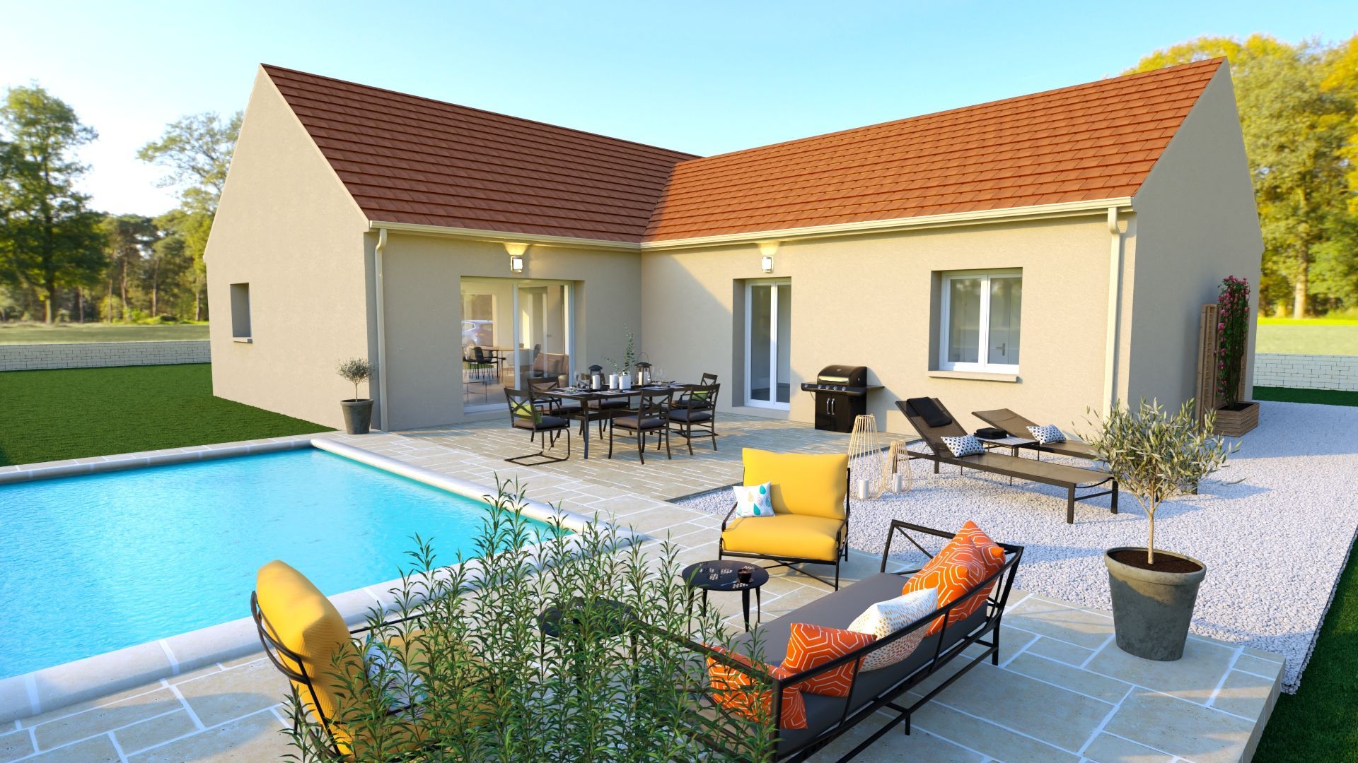 Maison moderne avec toit rouge, terrasse à l'arrière et piscine entourée de pelouse et d'arbres.