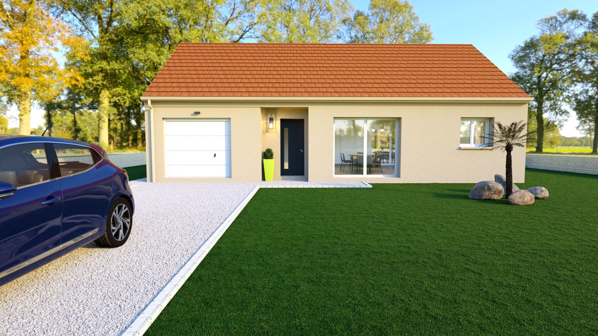 Maison beige de plain-pied avec toit rouge, allée de gravier, pelouse verte et voiture bleue garée.