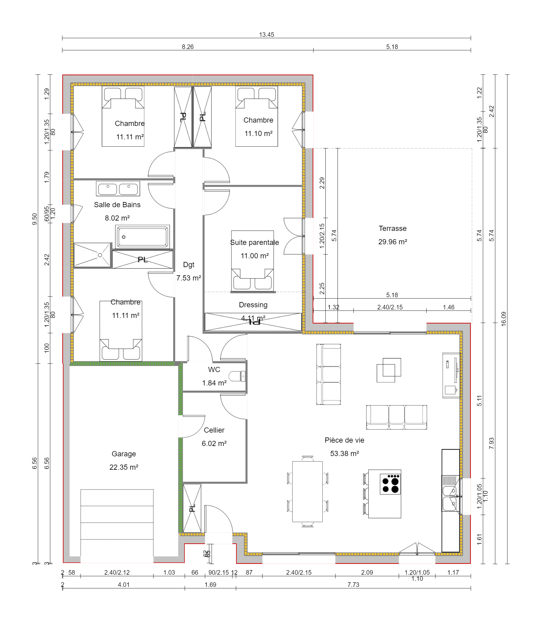 Plan annoté d'une maison avec les contours des pièces et leurs dimensions en lignes noires, beiges, vertes et rouges.
