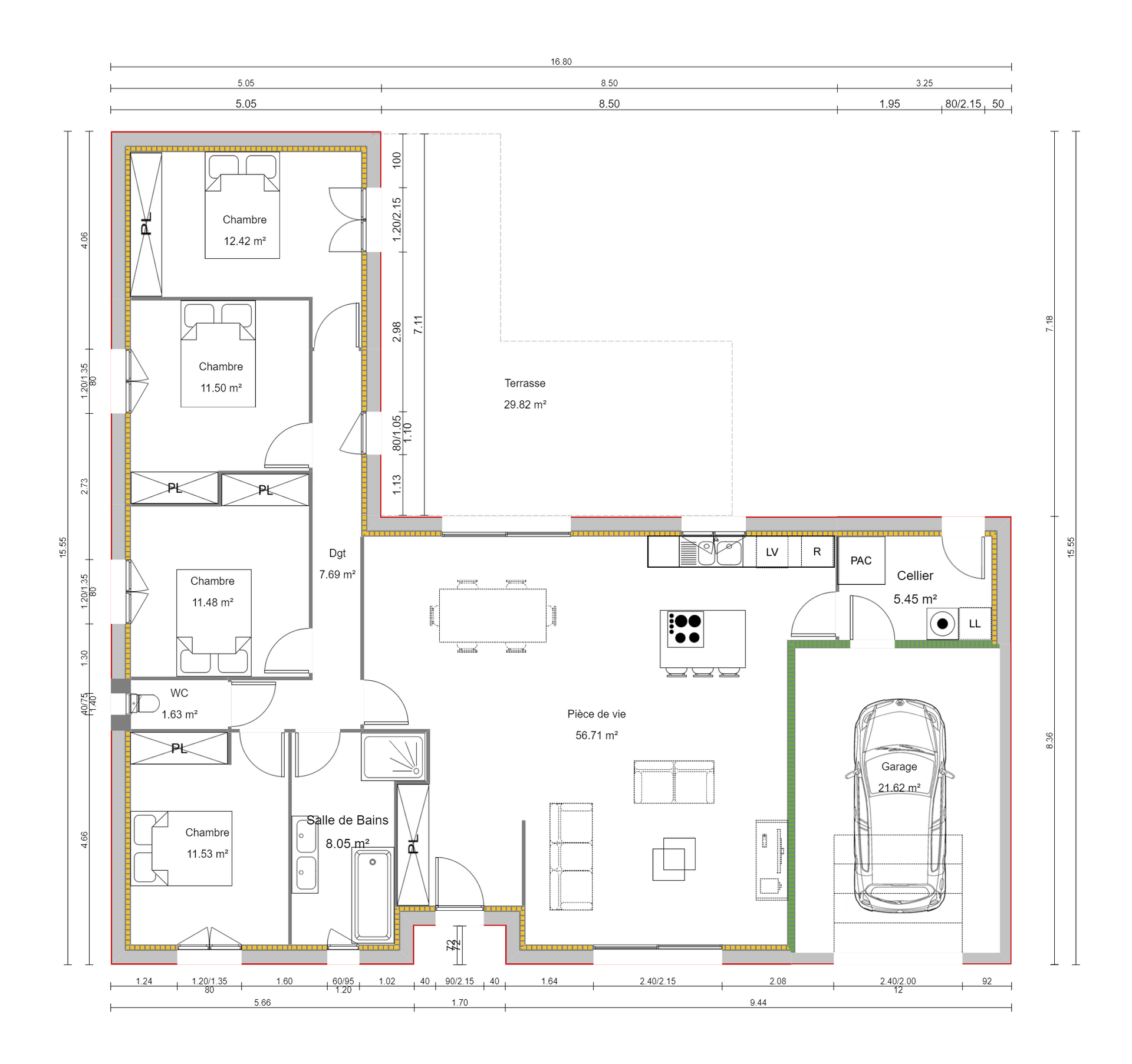 Plan architectural avec les pièces délimitées en rouge, vert et beige sur fond blanc