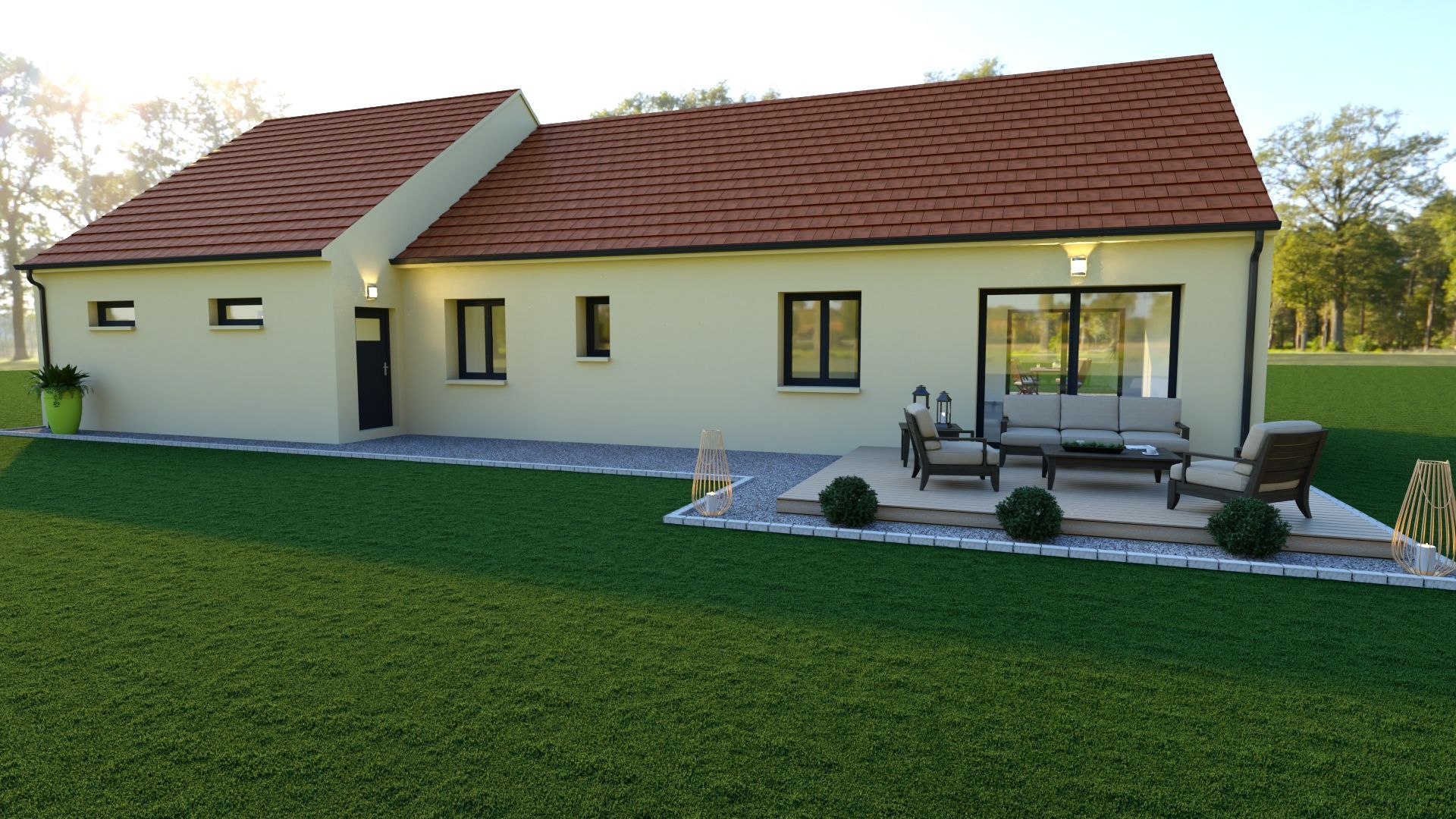 Maison moderne de plain-pied avec murs beiges, toit rouge et patio donnant sur une pelouse verte