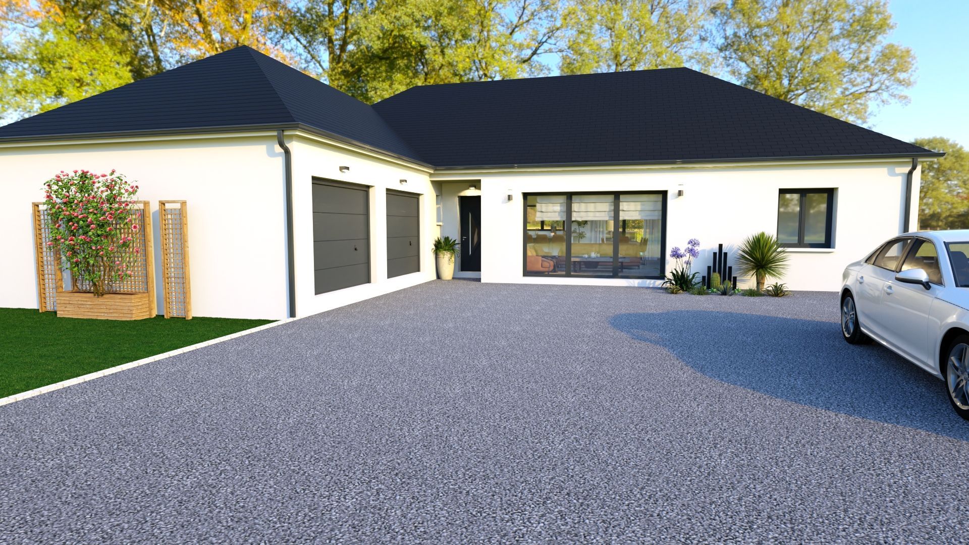 Maison blanche moderne avec toit noir, grande allée gravillonnée et voiture argentée garée à côté du garage.