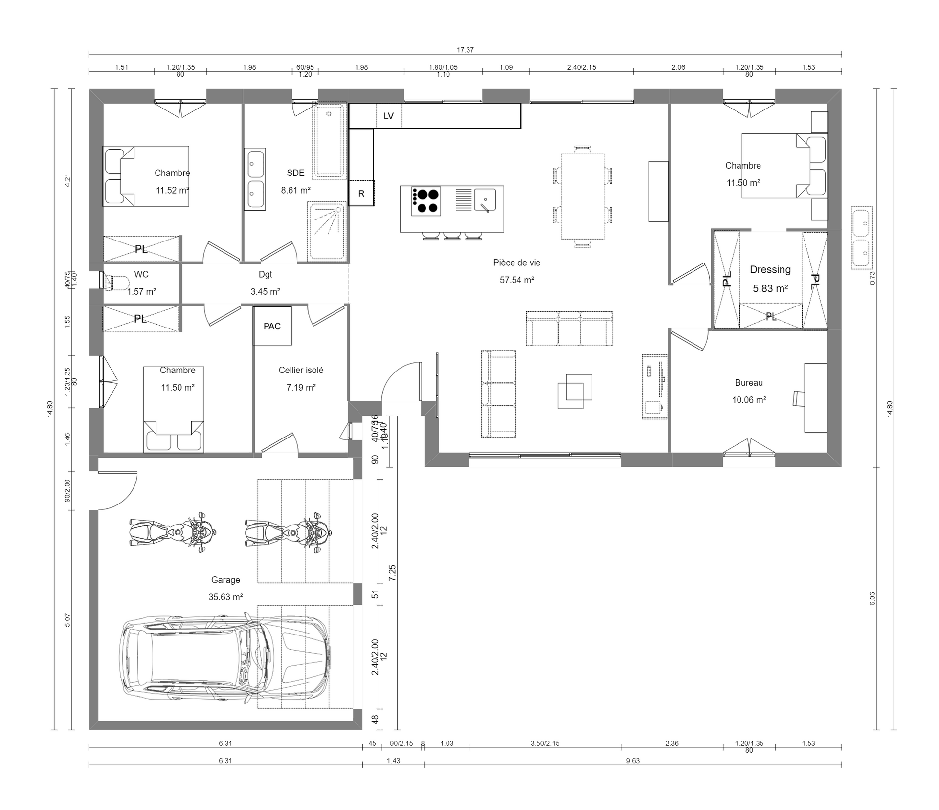 Plan architectural en noir et blanc d'une maison avec les pièces, le garage et l'agencement de la cuisine.