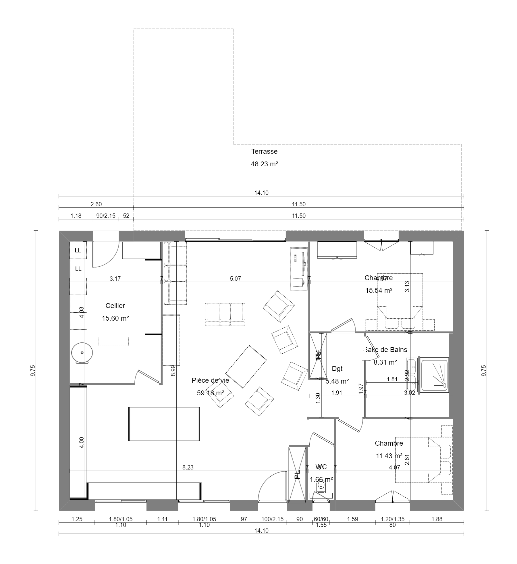 Plan architectural en noir et blanc de l'intérieur d'une maison, avec pièces et dimensions indiquées.