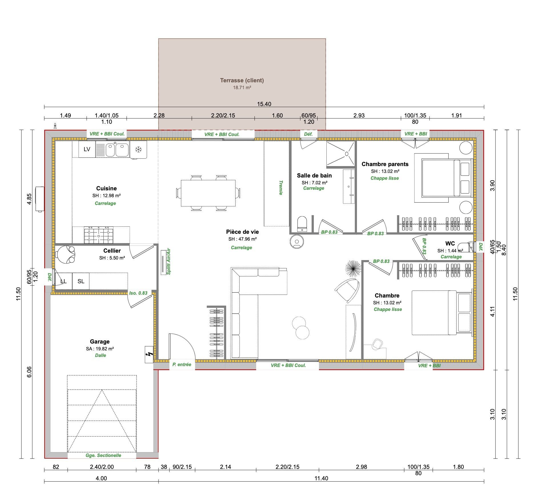 Plan architectural d'une maison avec pièces et dimensions indiquées.
