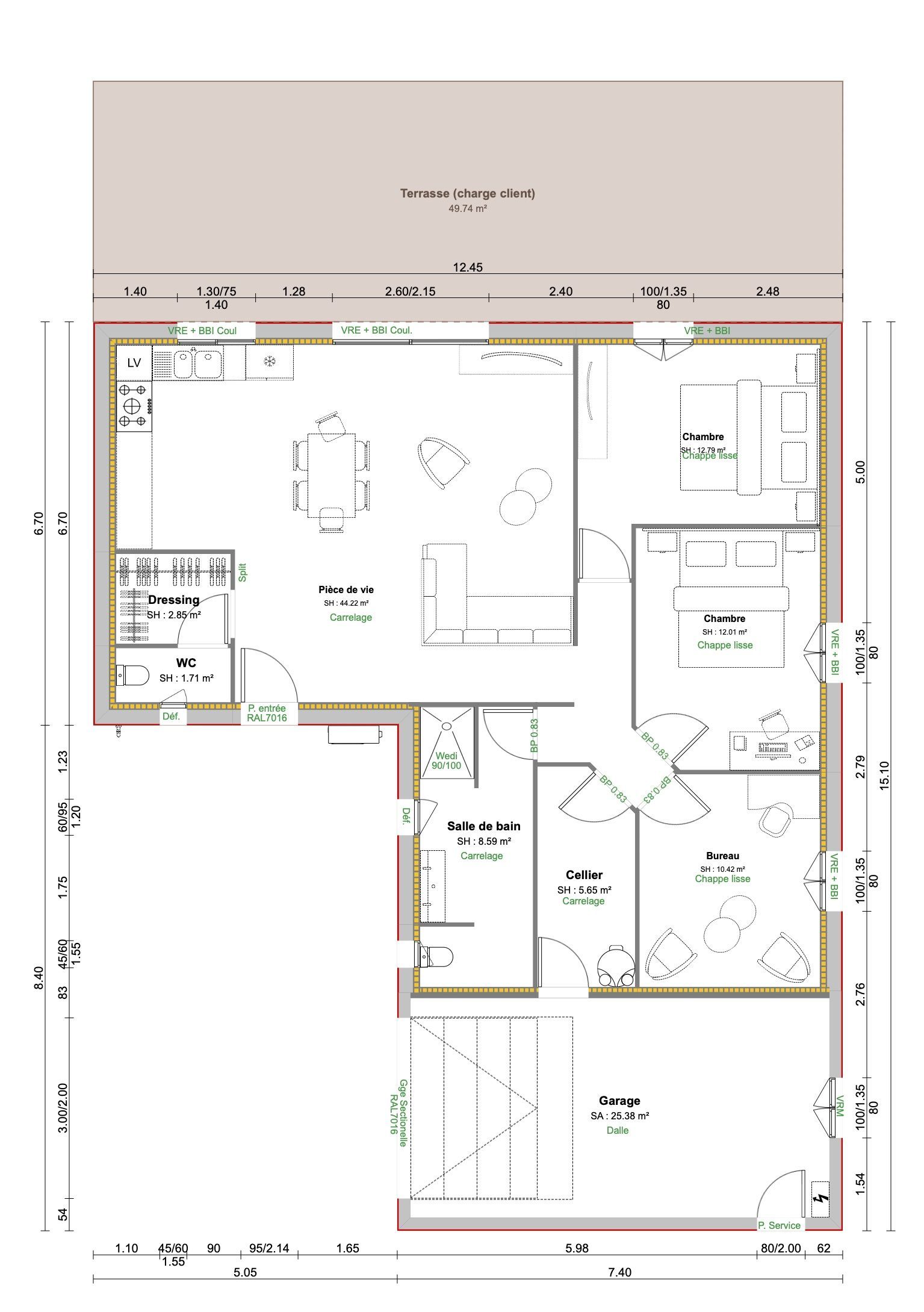 Plan architectural avec pièces, murs, portes et dimensions indiqués sur fond blanc