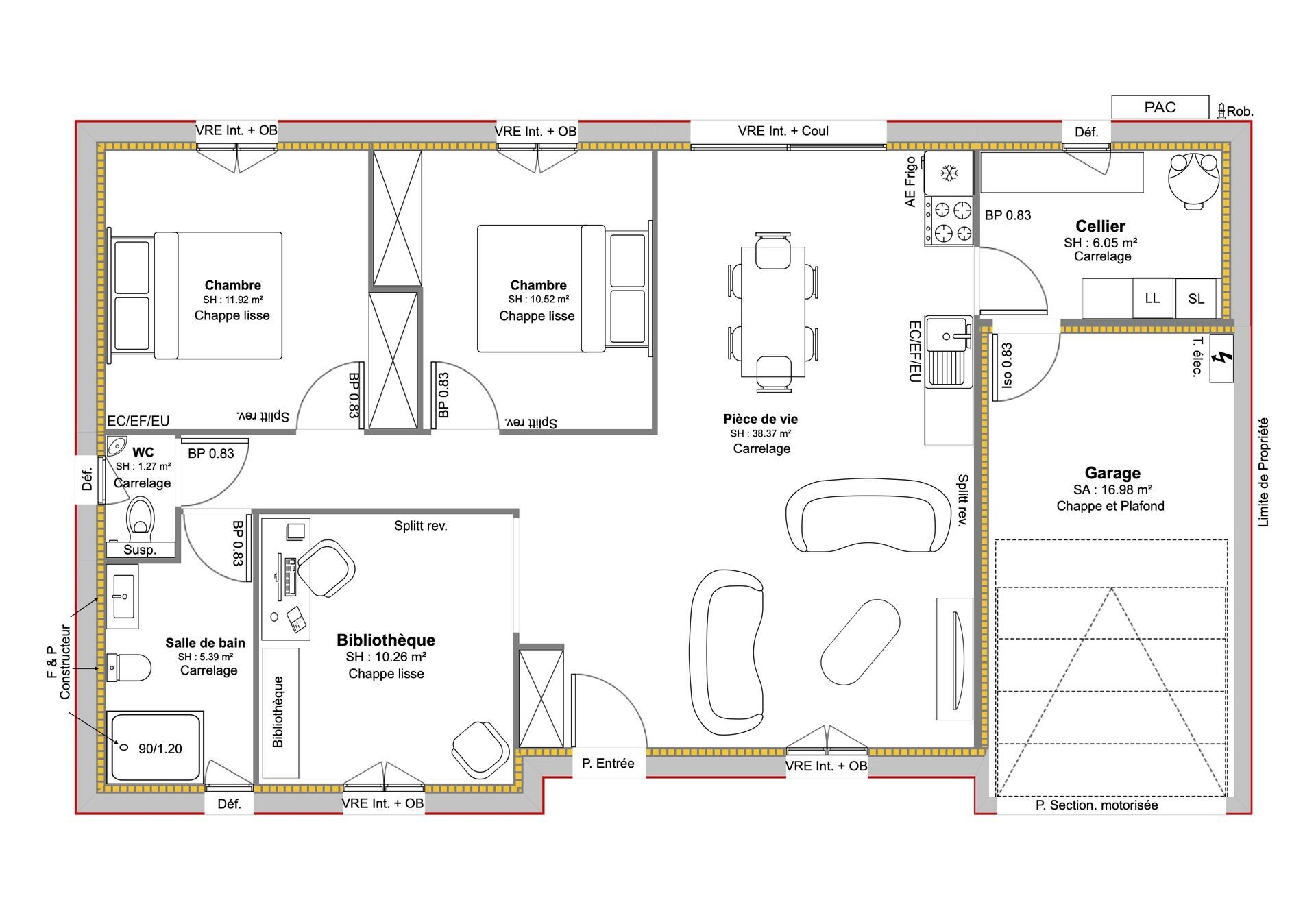 Plan architectural en noir et blanc de l'intérieur d'une maison avec les pièces identifiées et l'agencement du mobilier