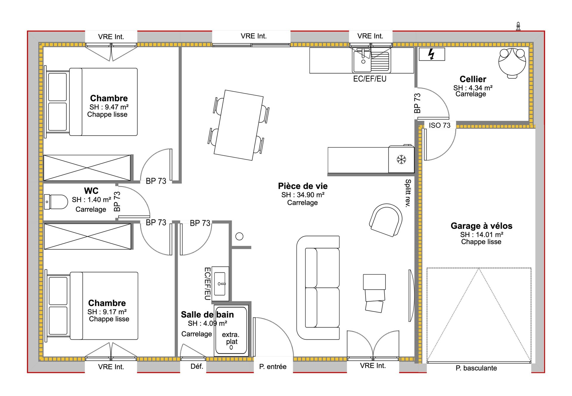 Plan architectural en noir et blanc avec pièces identifiées et patio central.