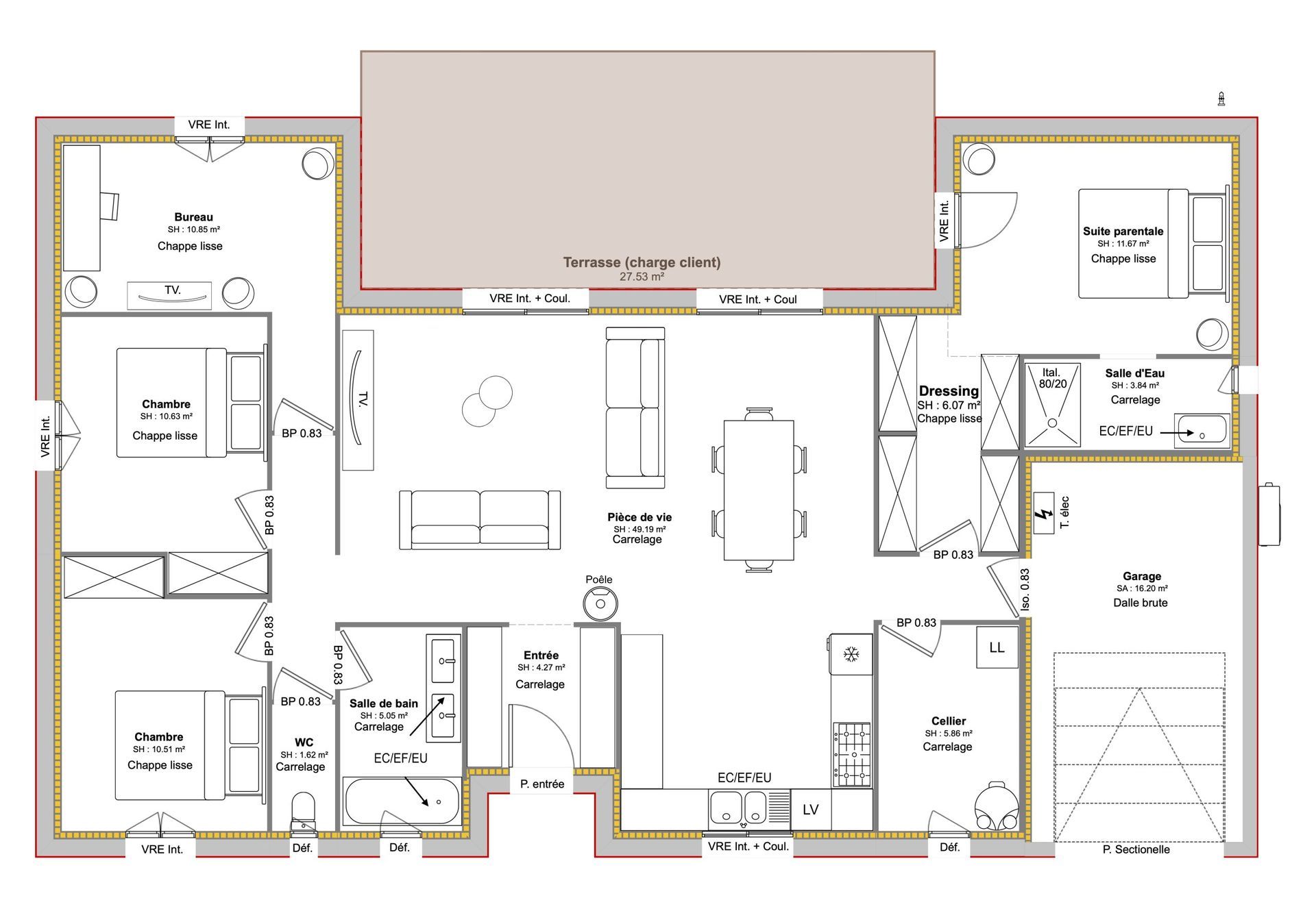 Plan architectural en noir et blanc d'une maison avec les pièces identifiées et un espace de vie central.