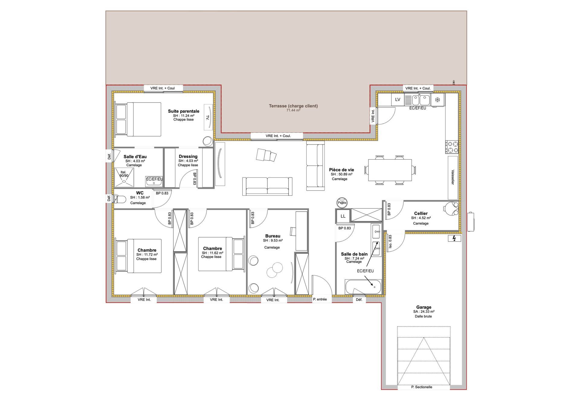 Plan architectural en noir et blanc d'une maison avec plusieurs pièces et un garage.
