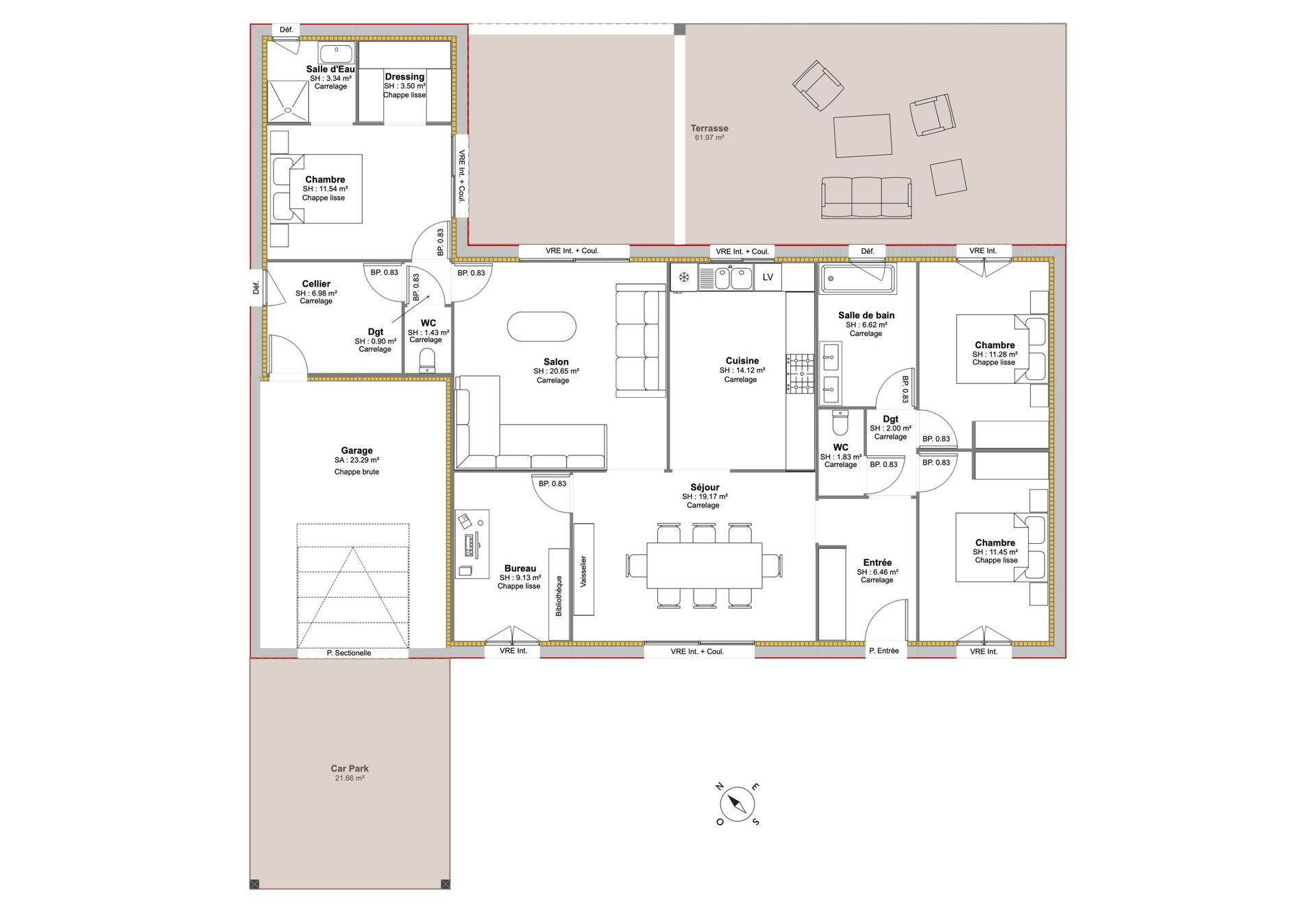 Plan d'habitation avec plusieurs pièces, garage et patio, dans les tons noirs et beiges.