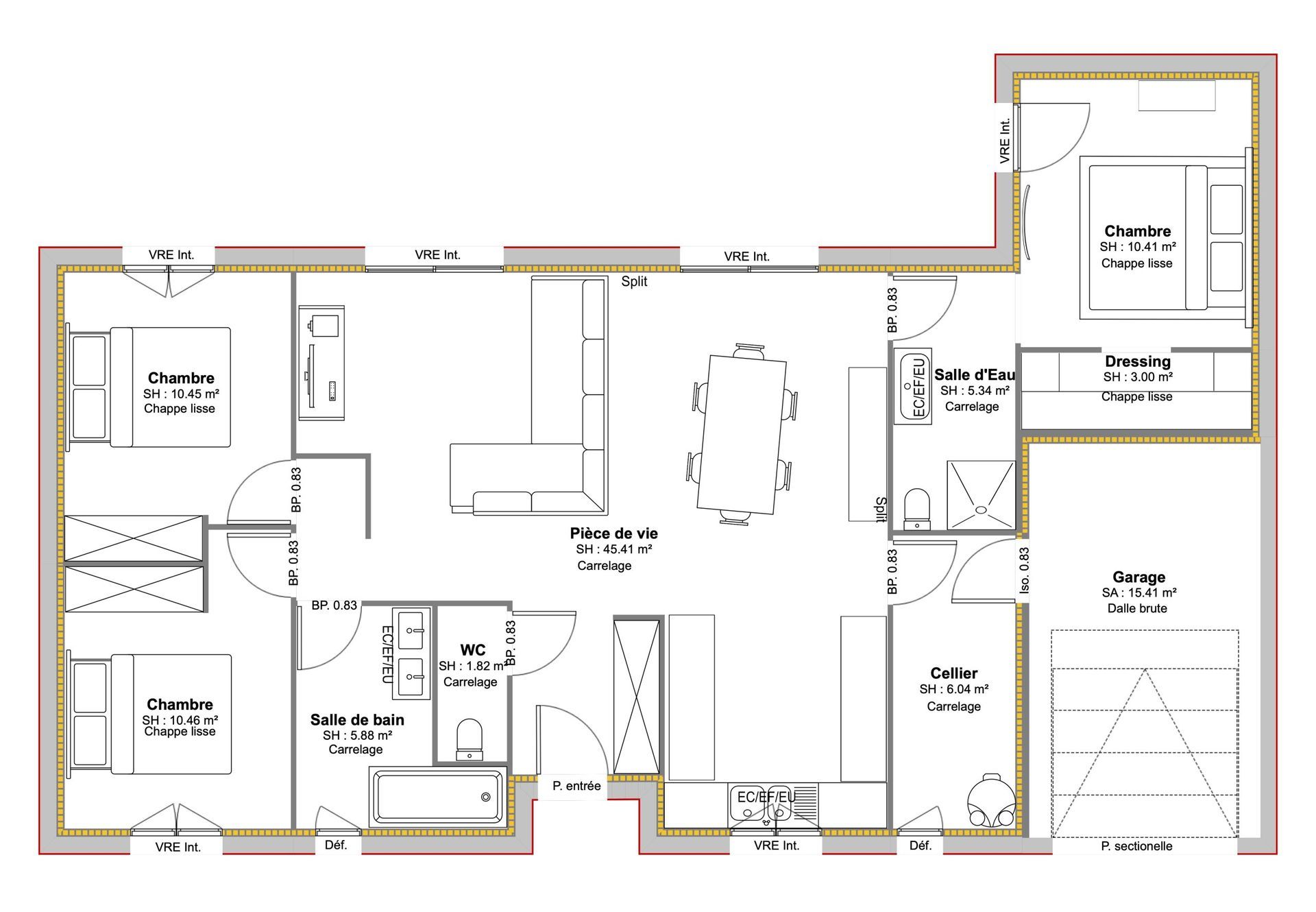 Plan d'appartement en noir et blanc avec pièces, portes et dimensions indiquées.