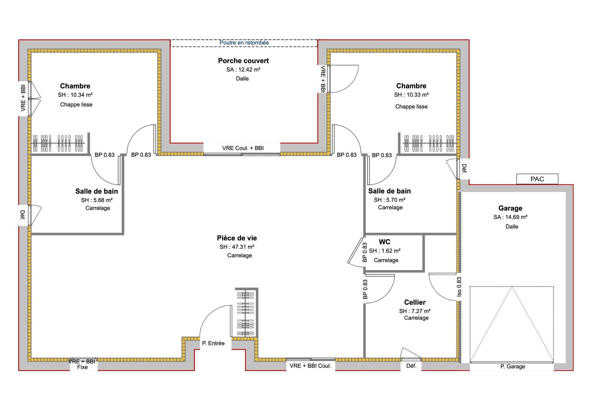 Plan d'une maison avec les pièces, les portes, les fenêtres et le garage indiqués.