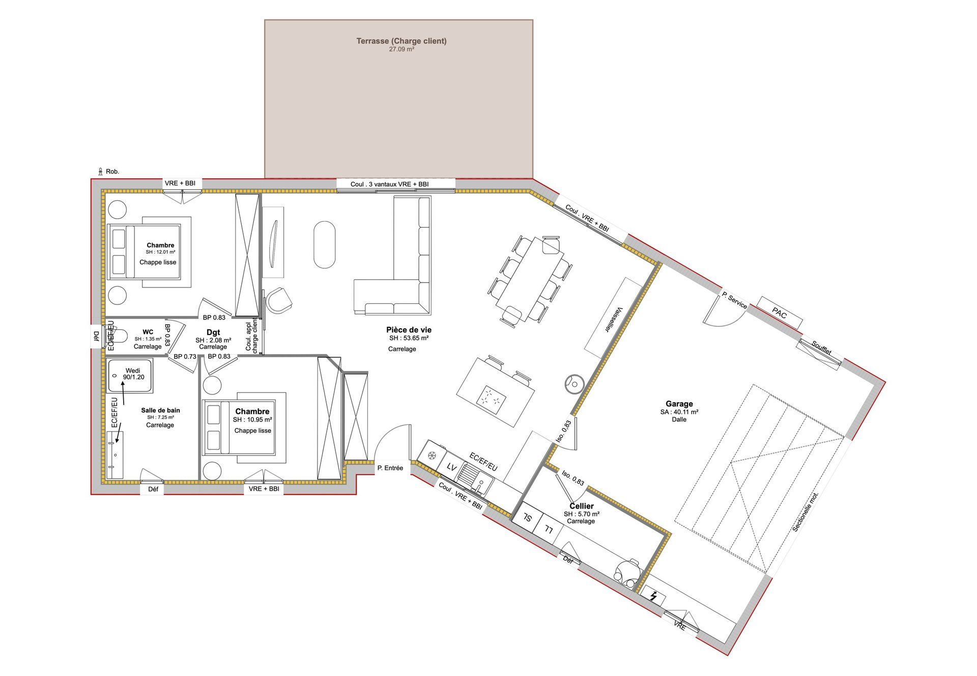 Plan d'un appartement avec les pièces identifiées et l'agencement du mobilier, représenté en noir et beige.