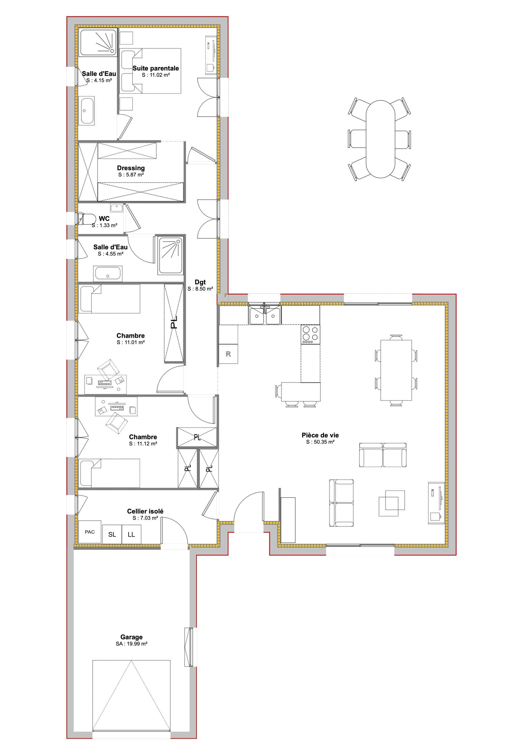 Plan architectural d'une maison avec plusieurs pièces et un grand espace de vie central