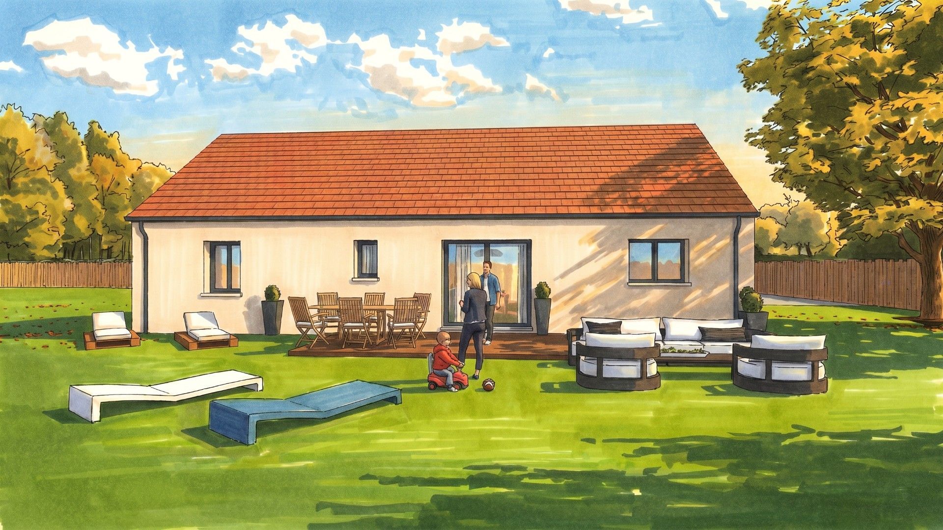 Terrasse arrière avec une petite maison, pelouse verte, sièges d'extérieur et des personnes rassemblées près de la porte