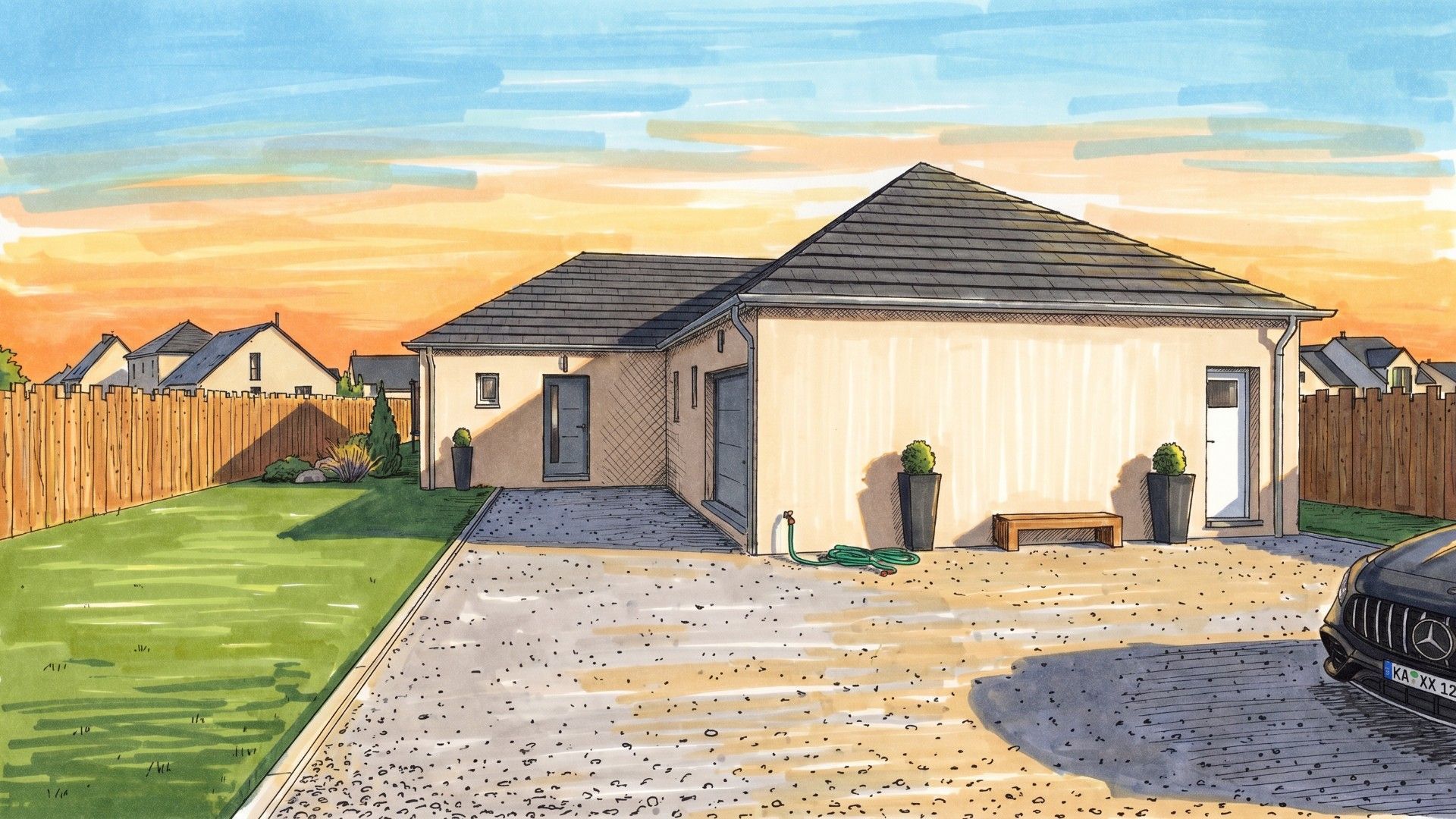 Maisons de banlieue avec allées carrossables sous un ciel de coucher de soleil aux couleurs chatoyantes ; une voiture est garée à droite.