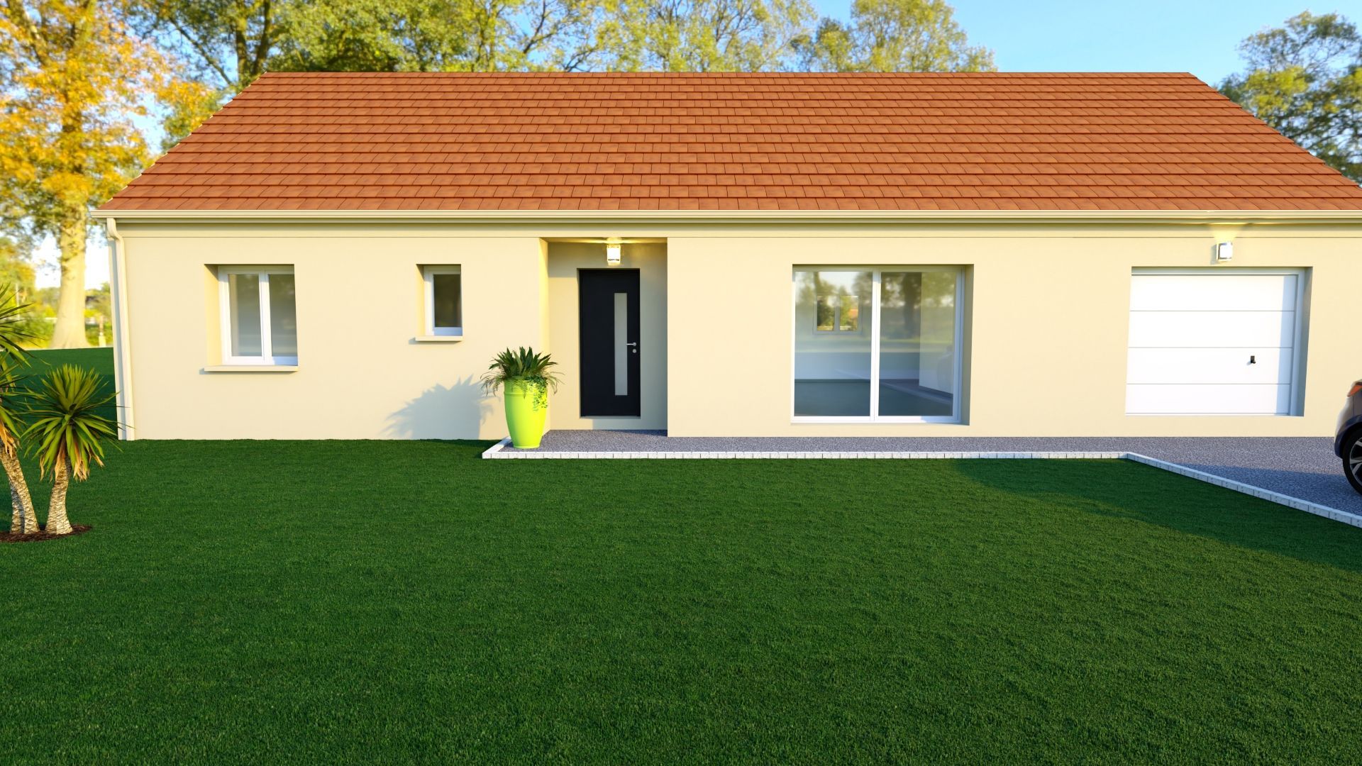Maison de plain-pied couleur crème avec toit rouge, pelouse devant et porte de garage en plein jour