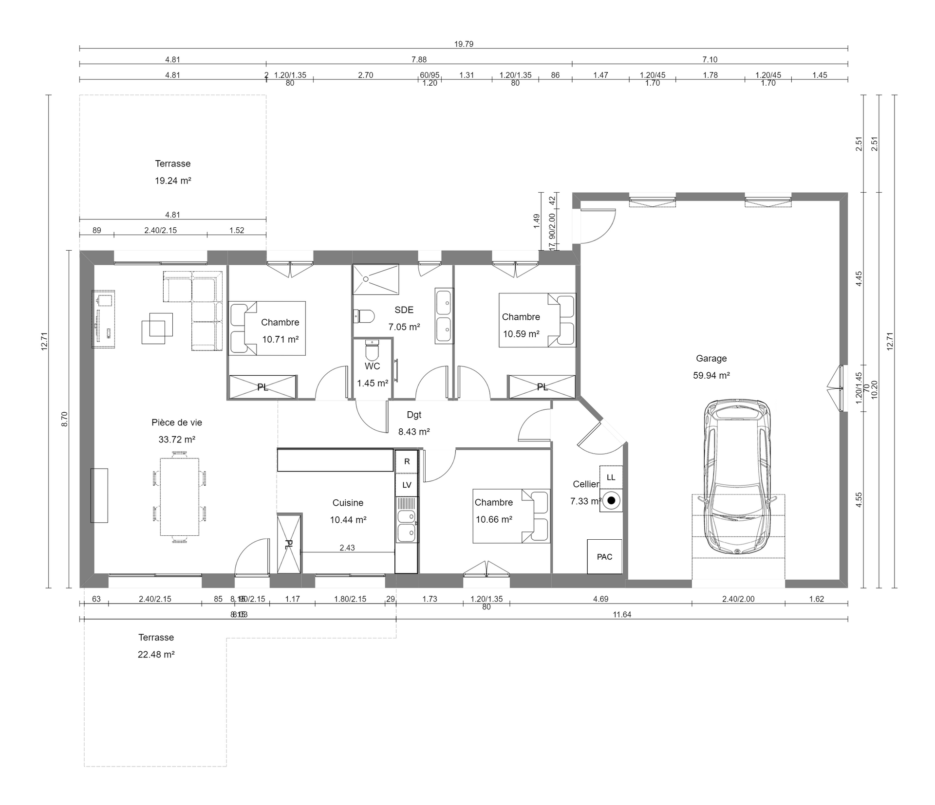 Plan architectural en noir et blanc d'une maison avec des pièces, une salle de bain et un garage avec une voiture.