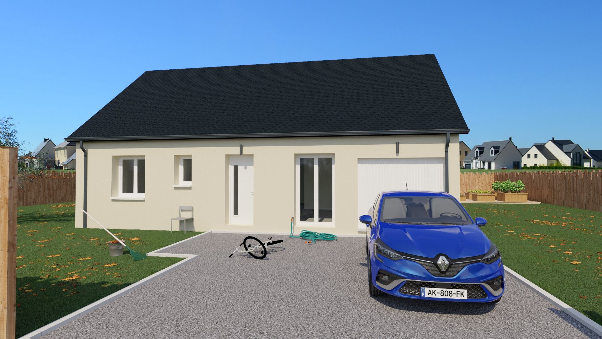 Maison moderne de plain-pied avec terrasse, chaises longues et personnes se détendant sur une pelouse.