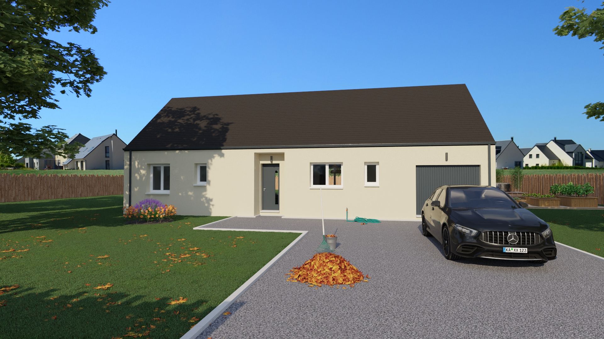 Maison moderne de plain-pied aux murs beiges, toit foncé, voiture noire et allée de gravier par une journée ensoleillée